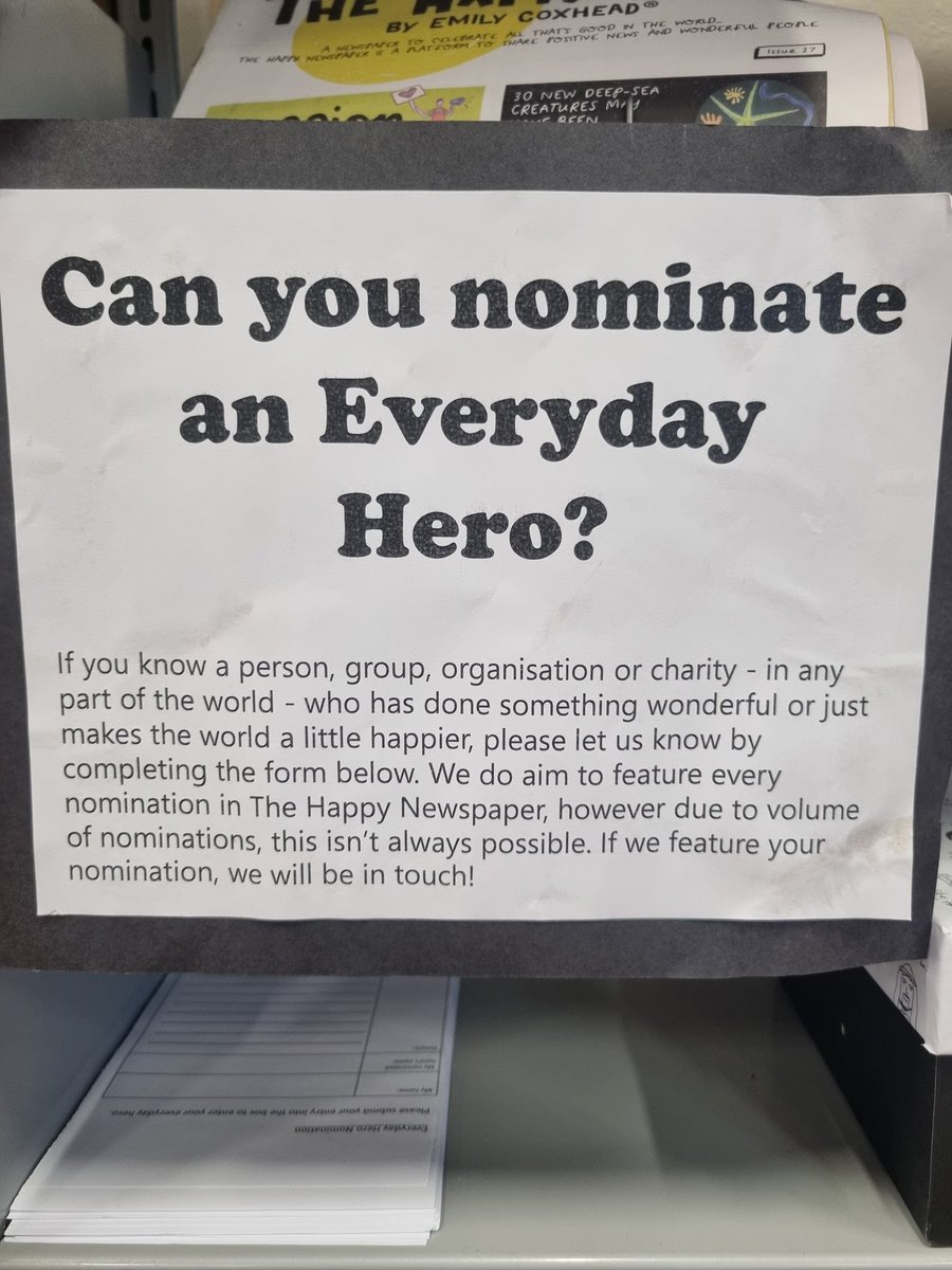 stm_englishdept's tweet photo. Don't forget to have a read of 'The Happy News' which can be found on the bookshelves near the stage in the school hall. Lots of positive news stories to be found. Also, make sure you nominate a #HalfTermHero so we can submit them to @thehappynews123 https://t.co/UGrYfX3H2Y