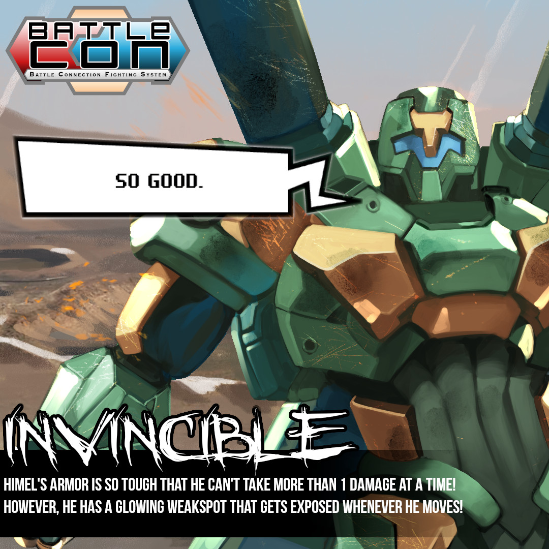 Level99Games's tweet photo. It's time for Himel Nine! This INVINCIBLE #BattleCON fighter has ZERO WEAKNESSES! ABSOLUTELY NONE! WE DIDN'T BALANCE HIM PROPERLY AND HE'S BROKEN! We PROMISE that he doesn't have a giant glowing weakspot that you can exploit! https://t.co/6VlYxNbJzG