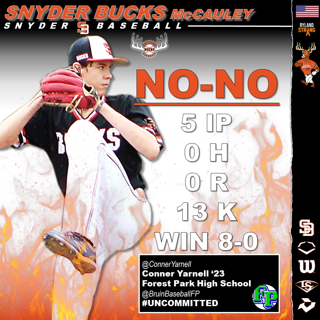 SnyderBaseball's tweet photo. SNYDER BUCKS McCAULEY!!!!
HUGE outing by #Uncommitted '23 RHP/1B Conner Yarnell @ConnerYarnell @BruinBaseballFP on a NO HITTER this morning. 5IP, 0H, 0R, 13K. Came away with the 5 inning win 8-0. 
Keep working hard.
@IMPACTBASEBALL_ 
🦌⚾️🦌 https://t.co/evM32fk0Ia