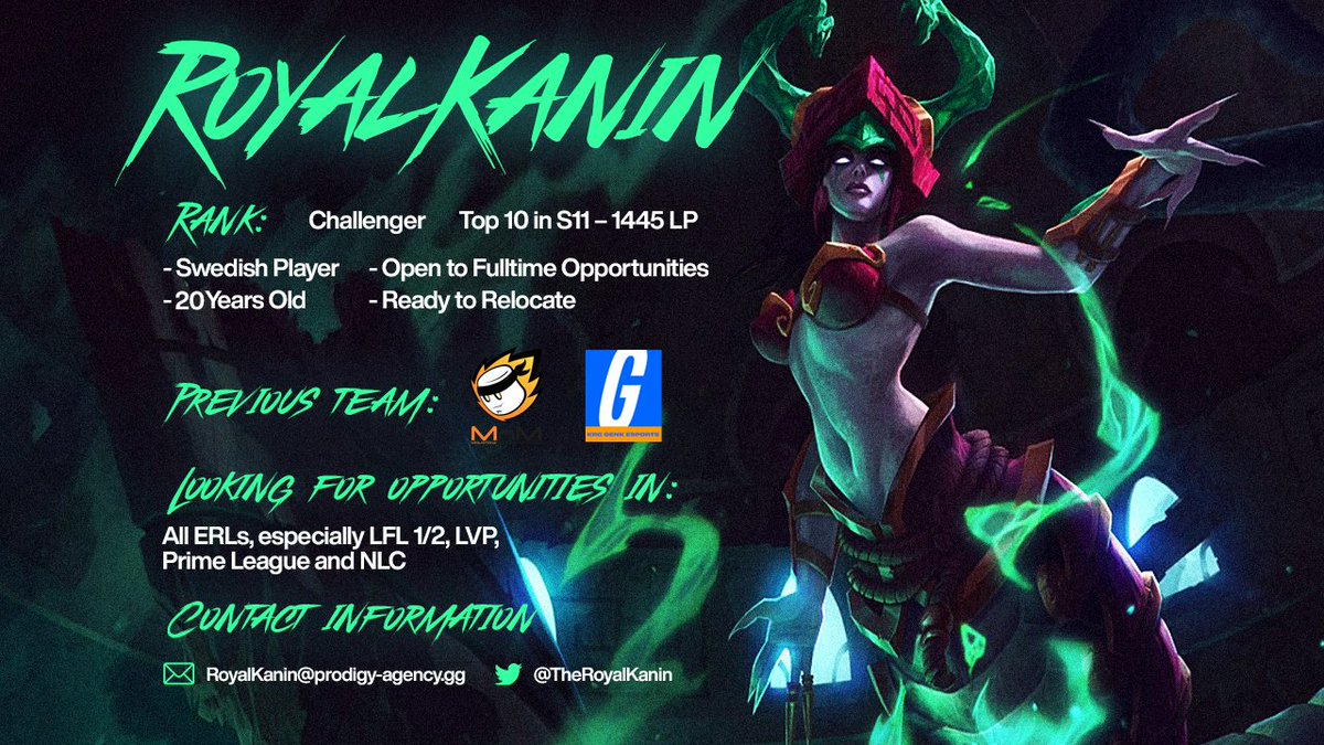 After making it to EU Masters with KRC GenK and winning Elite Series Pro-Am, I'm now LFT.
It was a successful split and I'm ready to start the grind for 2023 
Contact me at RoyalKanin@prodigy-agency.gg or through my or <a href="/YellOwStaRL0L/">YellOwStaR</a>'s DMs! 
Likes &amp; RTs appreciated ❤️