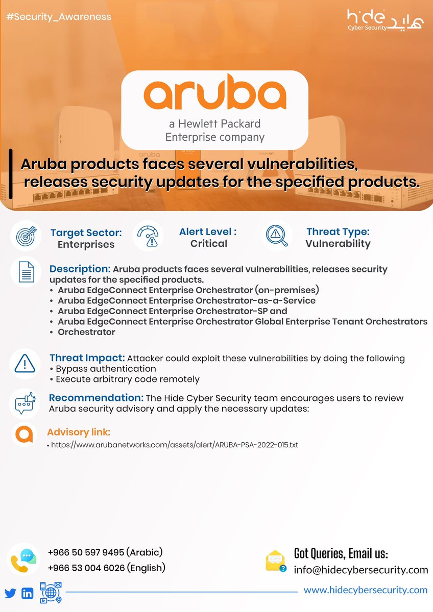 hidecybersec's tweet photo. Google announced Tuesday that the latest Chrome update patches six high-severity vulnerabilities, including four use-after-free bugs.

Likewise, Aruba, an HP enterprise company product, also releases security updates for several vulnerabilities for the specified products. https://t.co/Qk80NbqmlO