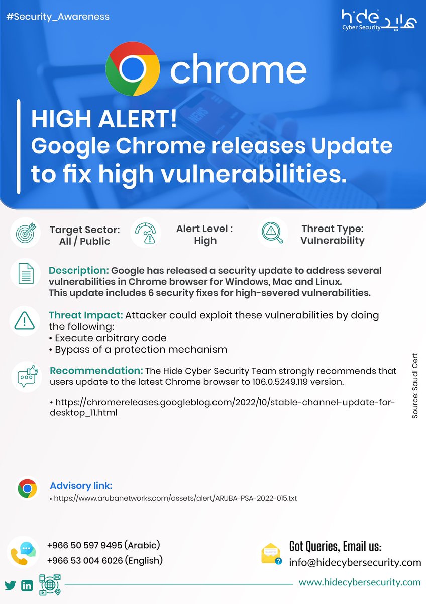 hidecybersec's tweet photo. Google announced Tuesday that the latest Chrome update patches six high-severity vulnerabilities, including four use-after-free bugs.

Likewise, Aruba, an HP enterprise company product, also releases security updates for several vulnerabilities for the specified products. https://t.co/Qk80NbqmlO