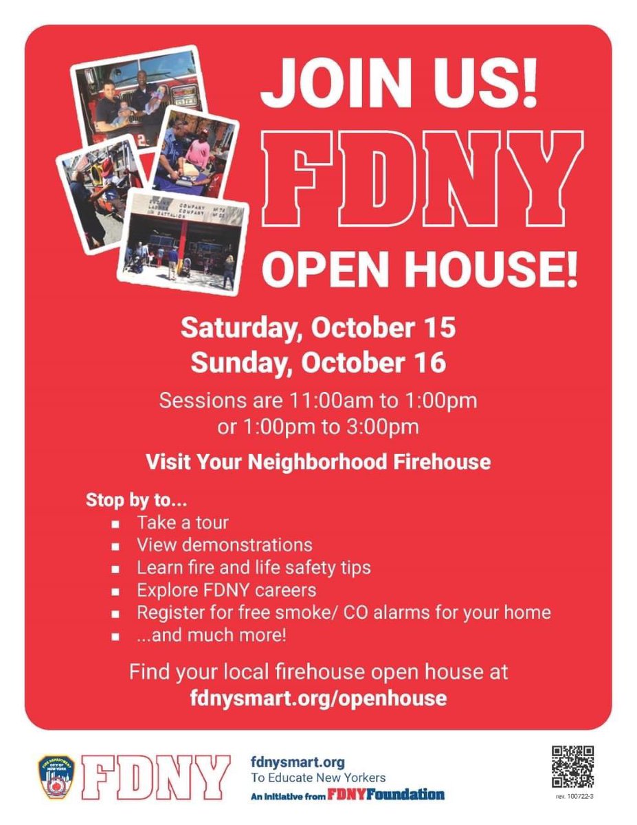 FDNY's tweet photo. Join us today! On Saturday, October 15, and Sunday, October 16, the #FDNY will host its annual citywide Open House program. More than 200 Firehouses will open their doors to the public from 11:00 am to 1:00 pm or 1:00 pm to 3:00 pm. Learn to be #FDNYSmart. https://t.co/mM31cypkvF