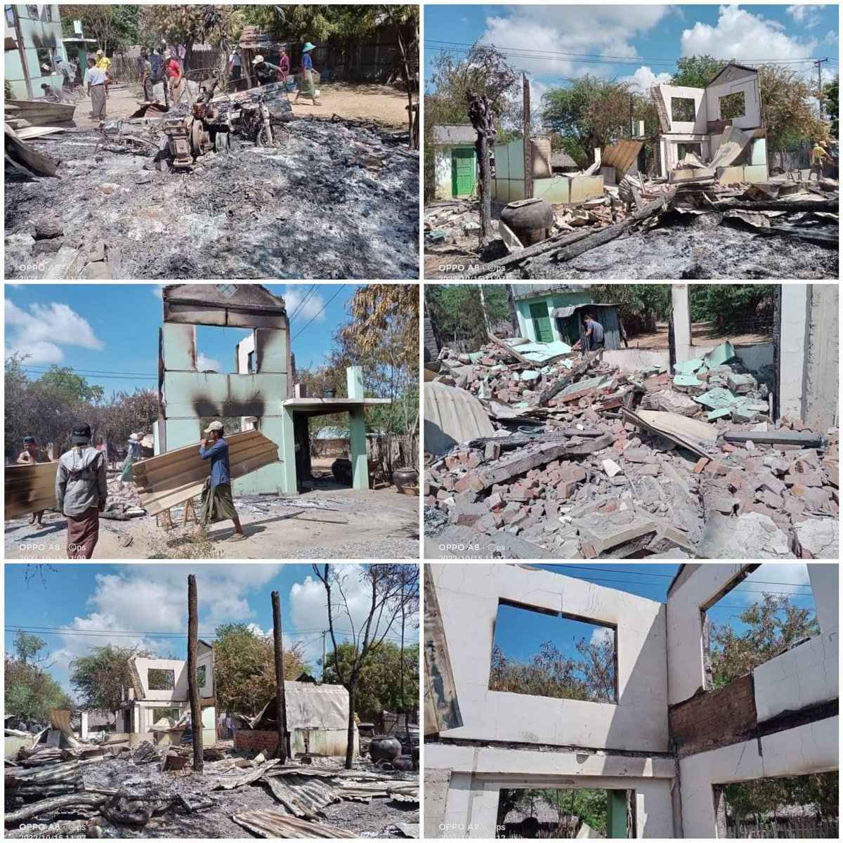 NantEiThandar's tweet photo. On Oct 14, junta troops raided Padauk Chon village in Sagaing's Wetlet tsp &amp; burnt down over 5 houses. They raided &amp; burned Sin Nin village on Oct 15 morning &amp; returned to Padauk Chon village on Oct 15 evening. They are currently stationed at Padauk Chon village.
#2022Oct15Coup https://t.co/JtCXqQ869O