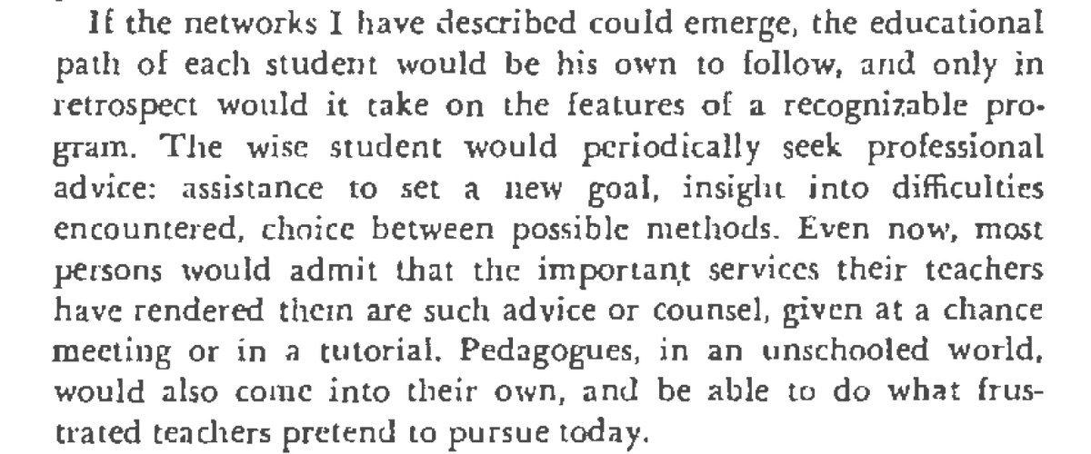 today in radical ideas from <a href="/TFiveFifty/">T550</a>: Unschooling by Ivan Illich. why do we go to school? are we subjecting ourselves to unhelpful structures like obligatory curriculums? what if learning was self-directed and teachers were guides instead of gatekeepers to knowledge? 🤔🤔