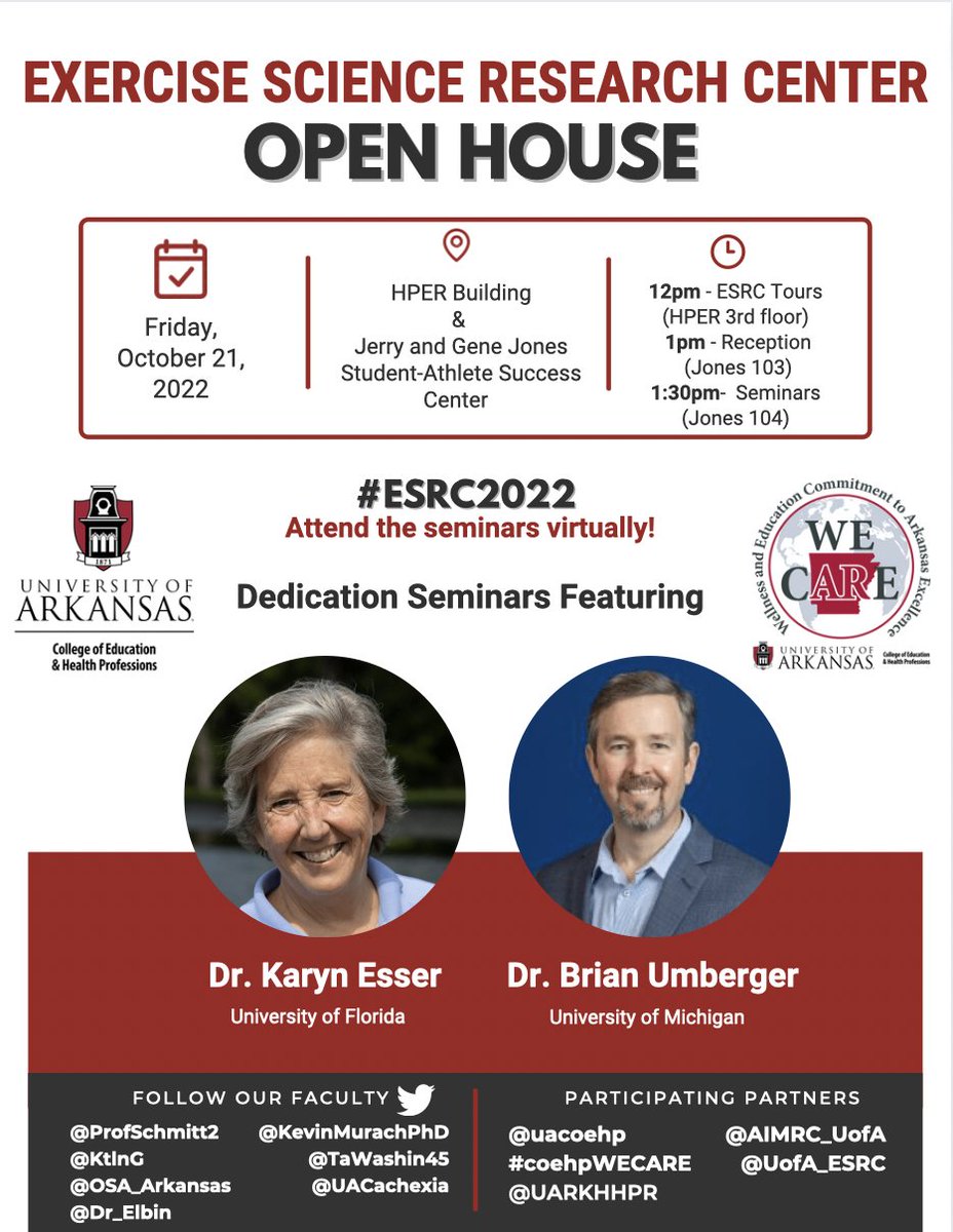 UA Exercise Science (@uofa_esrc) on Twitter photo RT and Share. <1 week to #ESRC2022
Excited to show facilities, celebrate accomplishments and present TWO OUTSTANDING guests @kaesser and <a href="/BrianUmberger/">Brian Umberger</a> 
<a href="/uacoehp/">UA COEHP</a> #coehpWECARE <a href="/UARKHHPR/">UARK Health, Human Performance and Recreation</a>
<a href="/AIMRC_UofA/">AIMRC</a>
 
Schedule: exercisescience.uark.edu/symposia/index…
Webinar: uark.zoom.us/webinar/regist… RT and Share. <1 week to #ESRC2022
Excited to show facilities, celebrate accomplishments and present TWO OUTSTANDING guests @kaesser and <a href="/BrianUmberger/">Brian Umberger</a> 
<a href="/uacoehp/">UA COEHP</a> #coehpWECARE <a href="/UARKHHPR/">UARK Health, Human Performance and Recreation</a>
<a href="/AIMRC_UofA/">AIMRC</a>
 
Schedule: exercisescience.uark.edu/symposia/index…
Webinar: uark.zoom.us/webinar/regist…