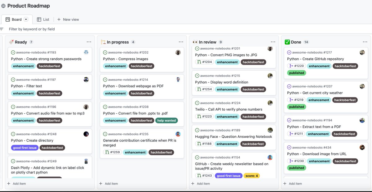 ravenel_jeremy's tweet image. I love to see #hacktoberfest2022 giving us the opportunity to work with more contributors on awesome-notebooks!

Let's start the reviews! More #opensource notebook templates coming soon 🤙

#saturdaywork #github #contributor #naasai #templates #python #community