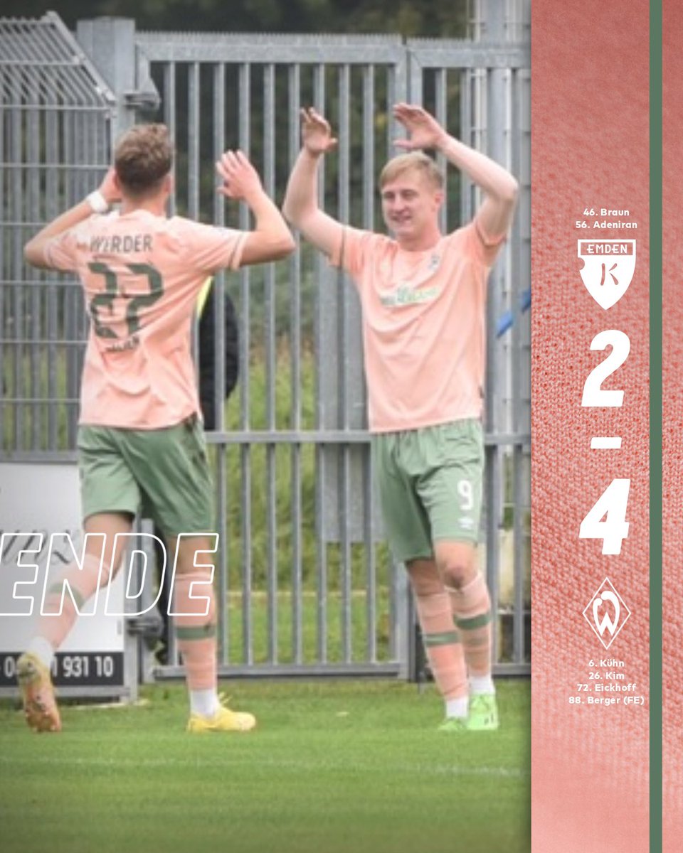 werderbremen's tweet photo. Drei hart erkämpfte Punkte für die #WerderU23 💪
In einem packenden Spiel konnten sich die Grün-Weißen durch Tore von Philipp #Kühn, Min-woo #Kim, Mika #Eickhoff & Tom #Berger mit 4:2 bei @KickersEmden durchsetzen.
#Werder https://t.co/uiKpIFeAw0