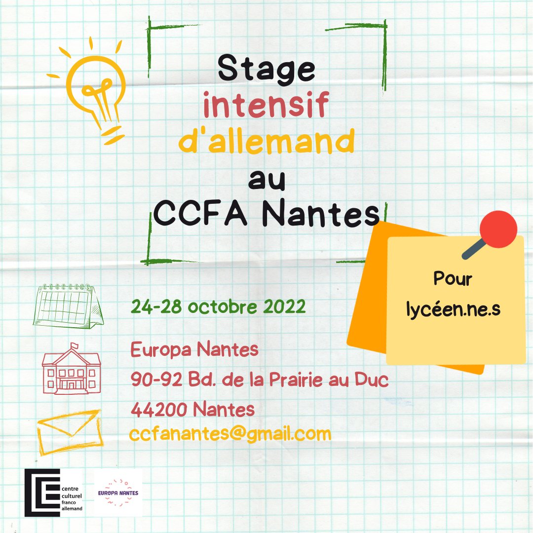 Pendant les #vacances d'automne, le CCFA organise un #stageintensif 🇩🇪pour les élèves de #lycée à Europa Nantes. Inscription par mail à ccfanantes@gmail.com. Plus d'infos ici : ccfa-nantes.org/single-agenda/…