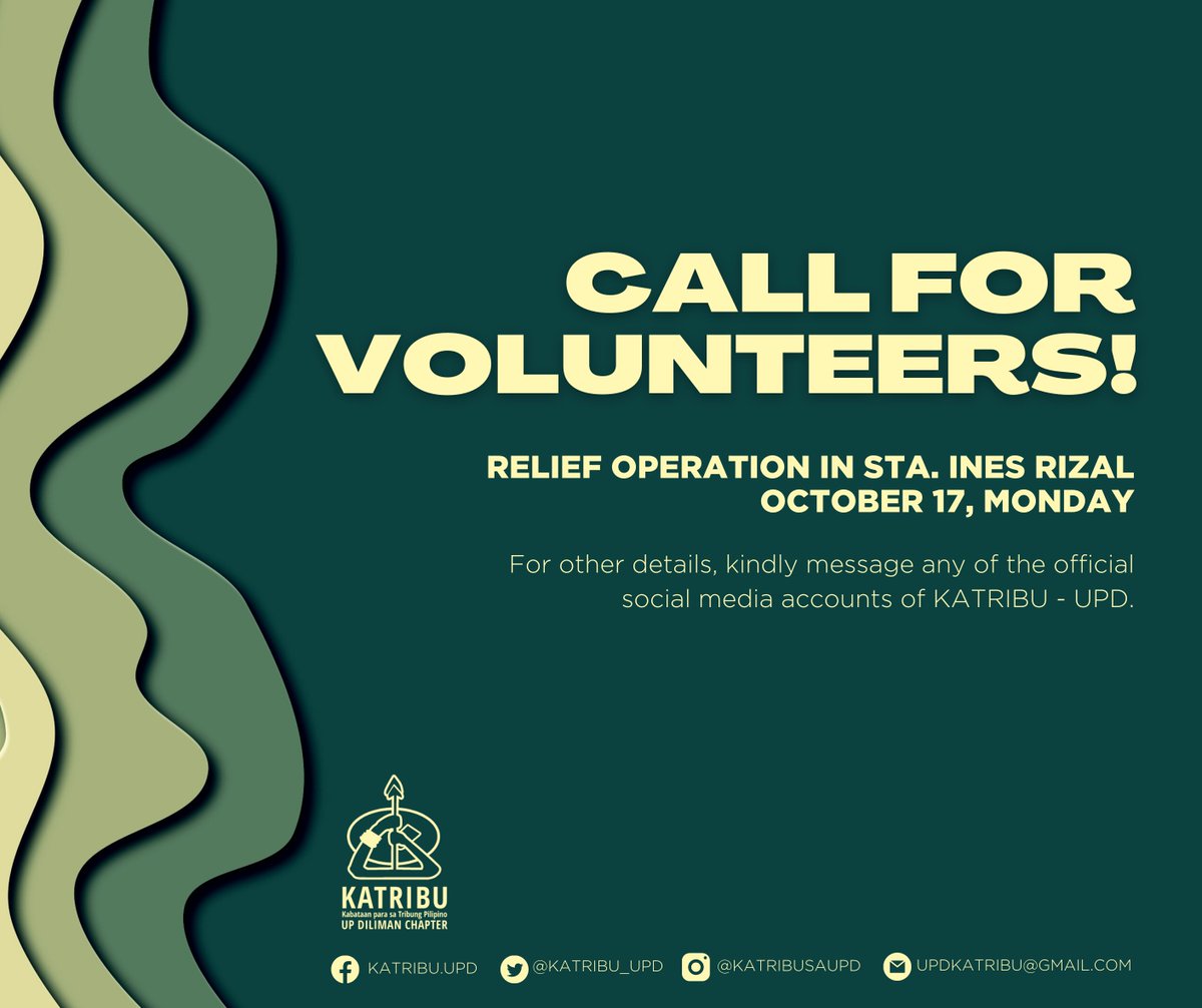 KATRIBU_UPD's tweet photo. PANAWAGAN SA MGA NAIS MAGING VOLUNTEERS SA KOMUNIDAD NG MGA DUMAGAT

Noong nakaraang Setyembre, tinamaan ang ating bansa ng super typhoon Karding na sumalanta sa iba’t ibang komunidad ng katutubong Dumagat. 1/n

#DefendAncestralLands
#ReliefPH
#DonatePH
#LingkodKatribu https://t.co/Oskl4gaHfU