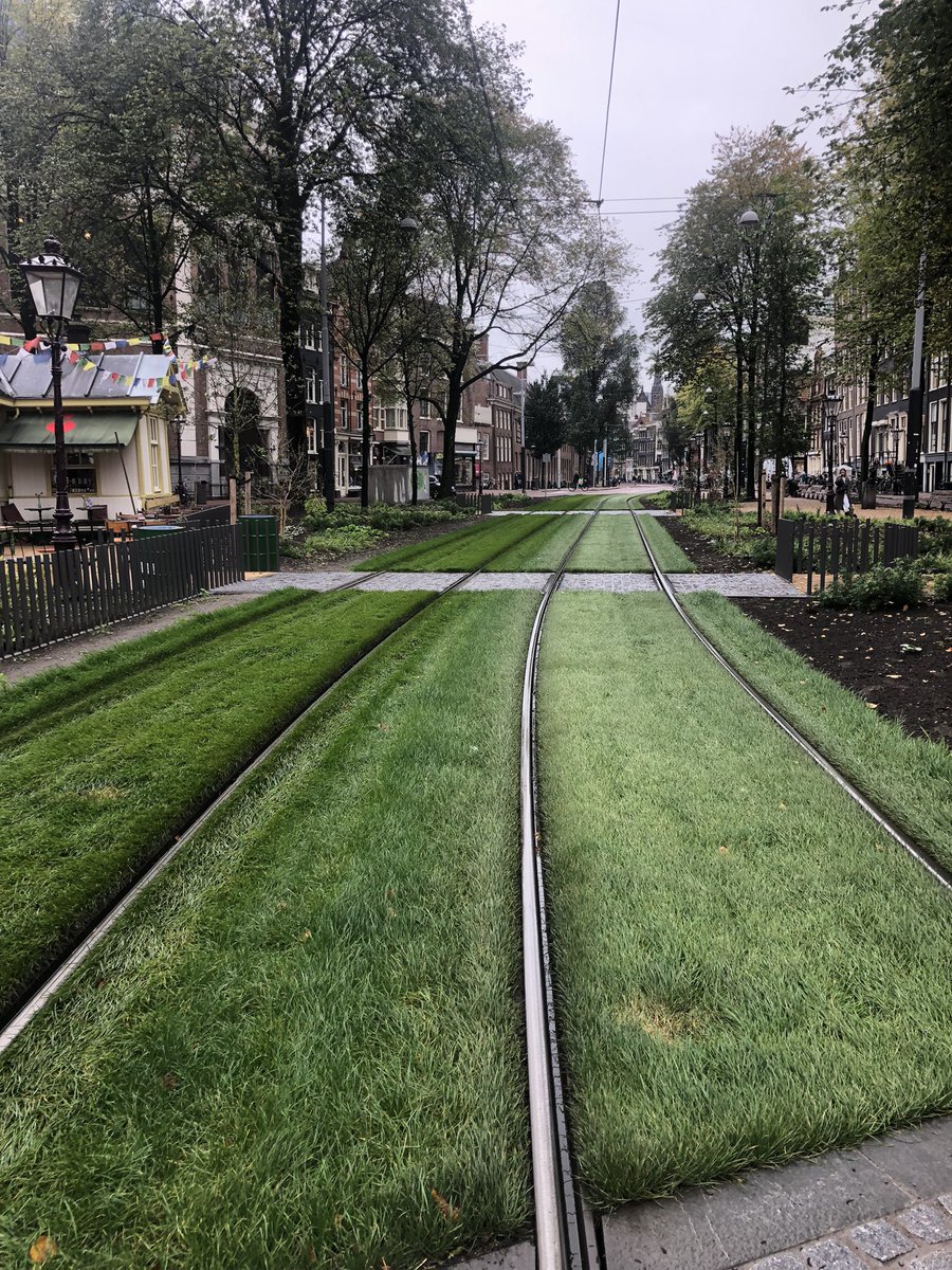 Mooie klimaatadaptieve herinrichting van de Nieuwezijds Voorburgwal, met oa. meer groen en waterberging onder de beplanting en trambaan 💙💚 @Rainproof020 rainproof.nl/rainproof-oran…
