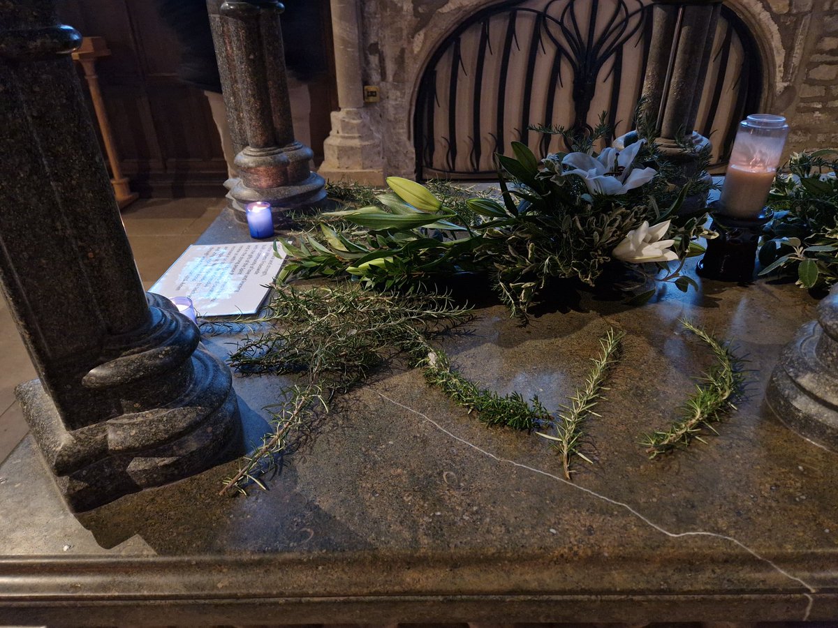 Pilgrims have begun to arrive having completed their pilgrimage routes. The pilgrimage ends at the Shrine of St Frideswide and pilgrims are leaving sprigs of Rosemary, traditionally associated with Frideswide, at the Shrine.