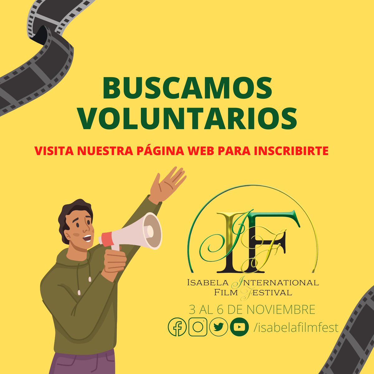 IsabelaFilmFest's tweet photo. 🚨Voluntarios que estén disponibles para asistir a nuestro evento del 3 al 6 de noviembre en Isabela, PR, favor de inscribirse en nuestra página web.
👉 https://t.co/wKKH5SDO1i
#puertorico #cine #filmfestival #isabela #isabelapr https://t.co/CQhptLgkYJ