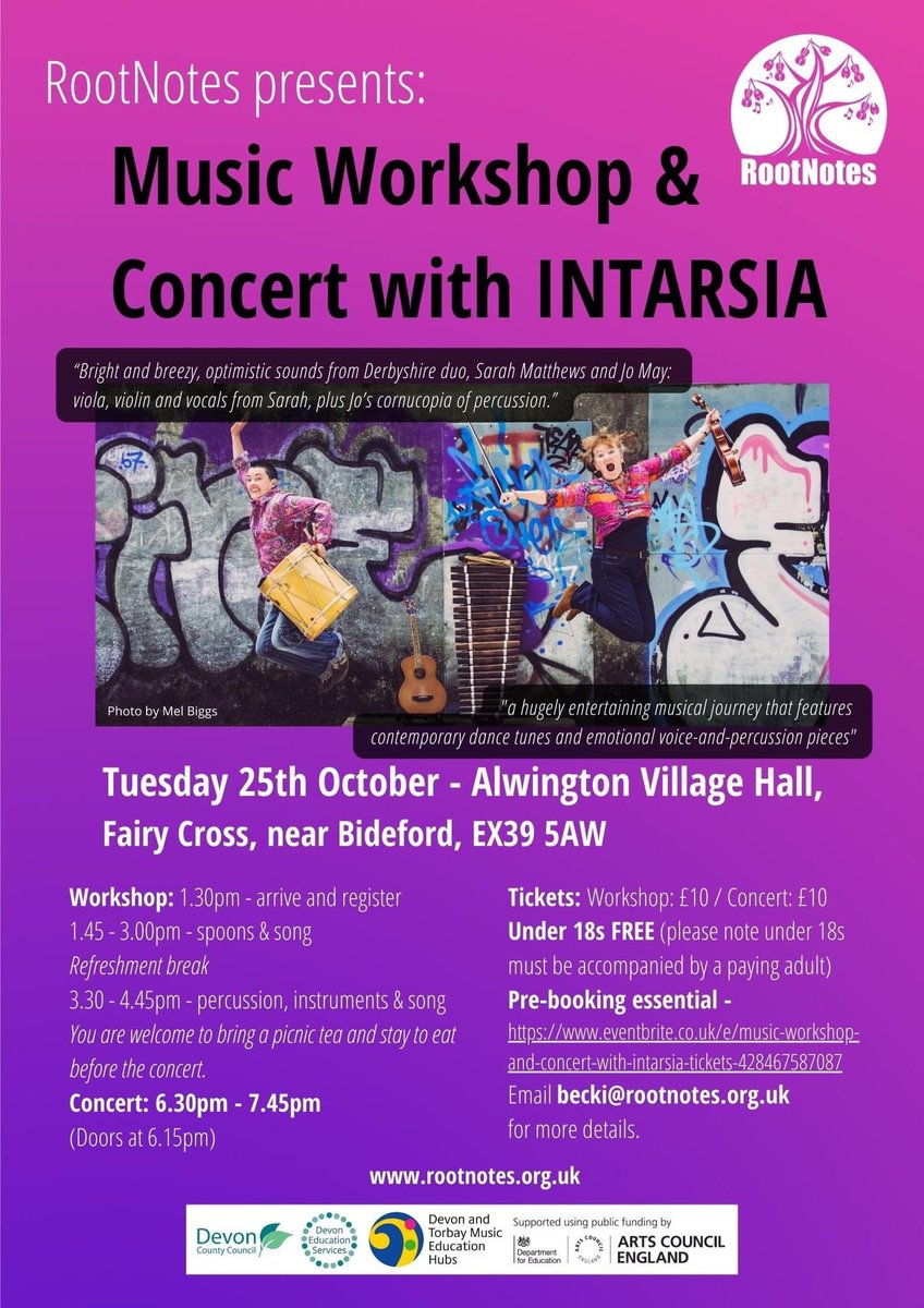 IntarsiaFolk's tweet photo. The third gig of our mini October tour is being arranged by the fabulous Becki of @nick_becki and #rootnotes!
Workshops followed by a concert on Tues 25th Oct near Bideford. Do share with anyone in the area who might be interested! https://t.co/O8DySPg5aU