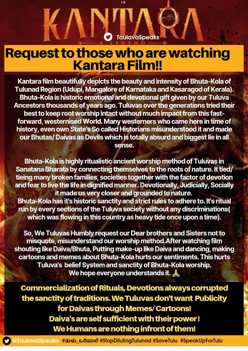TaulavaSpeaks's tweet photo. Humble request for all dear brothers and sisters who are watching #Kantara film.🙏
#KantaraHindi #KantaraTelugu #KantaraInTulu #KantaraFromToday #KantaraReview #KantaraInMalayalam #KantaraInTamil 
#Tulunad #TuluvaCulture #Tulu https://t.co/O8k4dKbcU7