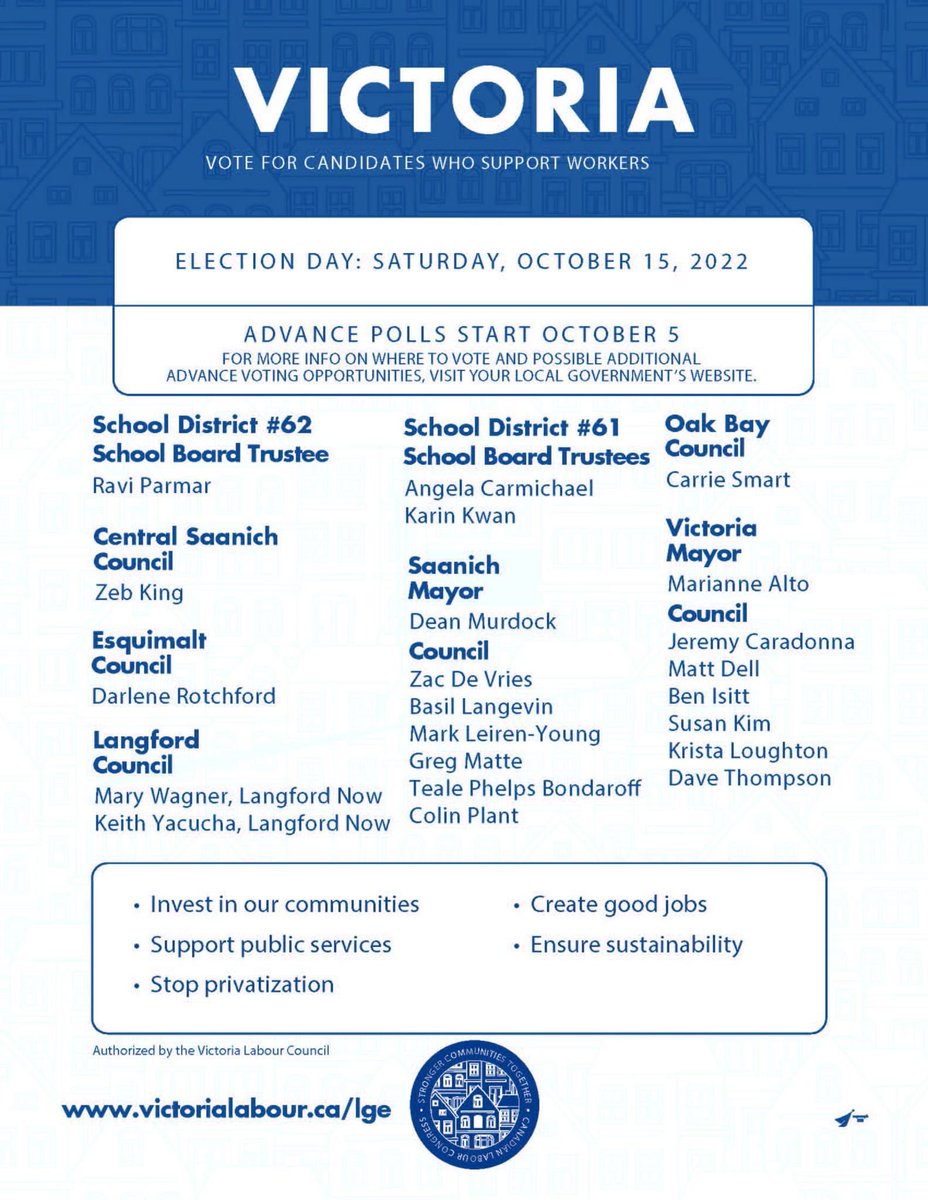 Today is Election Day for the #municipal2022! Check out your municipalities for times and locations . Below is our list of labour endorsed candidates ✊🗳#vote #bclab #canlab