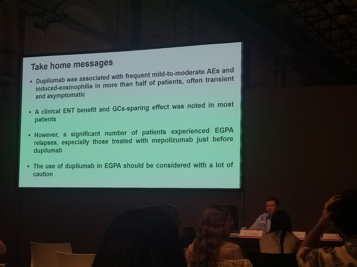 One last ride here at #EUVAS2022 with these take home messages by Prof. <a href="/TerrierBen/">Benjamin Terrier</a> about the use of #dupilumab against #EGPA 
<a href="/EUVAS19/">EUVAS</a> #Florence #NephTwitter