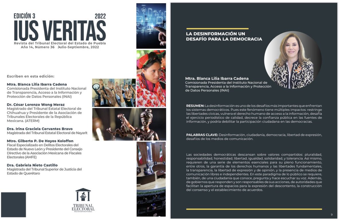 trielecpue's tweet photo. #TiempoDeLectura
Te invitamos a leer el número 36 de nuestra #IUSVeritas 
En esta edición tenemos la colaboración:

🖋 Mtra. @bl_ibarra, Comisionada Pdta. del @INAIMexico
🖋 Dr. @cesarlwong, Mgdo. Pdte. de la @ATERMAC
🖋Mtro. @GDHKolofon, Pdte. de la @AMFEMX https://t.co/wBSeHUfqoz