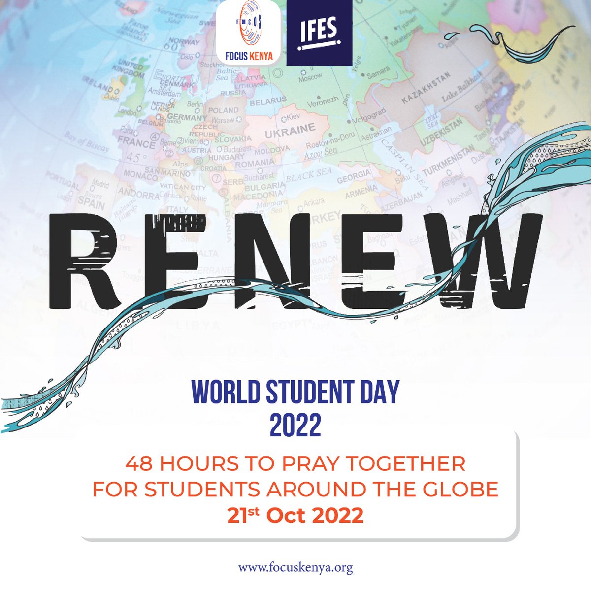 focuskenya's tweet photo. 4 days to #RENEW 

This Friday! Join other students from around the world to pray for 48 hours for Renewal! 

Take part by adding your mark on the World Prayer Map at https://t.co/K8irYmAqhc

Find Prayer cards at https://t.co/KbYRHcFsim

#Ifesworld
#WSD2022 https://t.co/ypA5d6nUjh