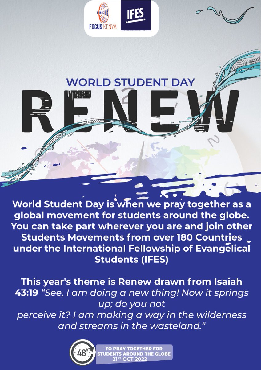 focuskenya's tweet photo. 4 days to #RENEW 

This Friday! Join other students from around the world to pray for 48 hours for Renewal! 

Take part by adding your mark on the World Prayer Map at https://t.co/K8irYmAqhc

Find Prayer cards at https://t.co/KbYRHcFsim

#Ifesworld
#WSD2022 https://t.co/ypA5d6nUjh
