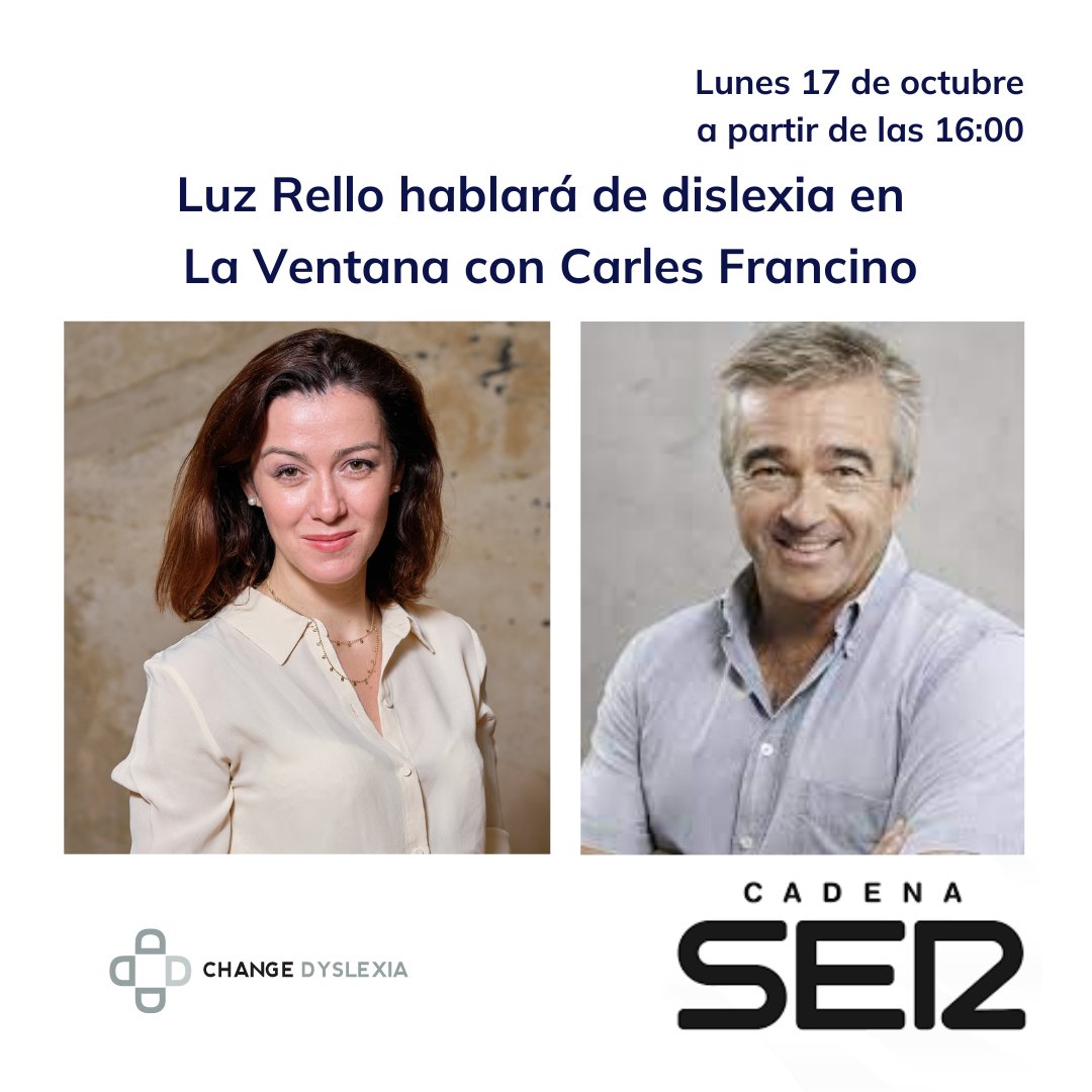 dytective_edu's tweet photo. El próximo lunes 17 de octubre, a partir de las 16:00h, asómate a @laventana de @La_SER para hablar de #dislexia con @luzrello y #CarlesFrancino.

#dislexia 
#mesdeladislexia22
#hagamosvisibleladislexia https://t.co/At0h38FDwU