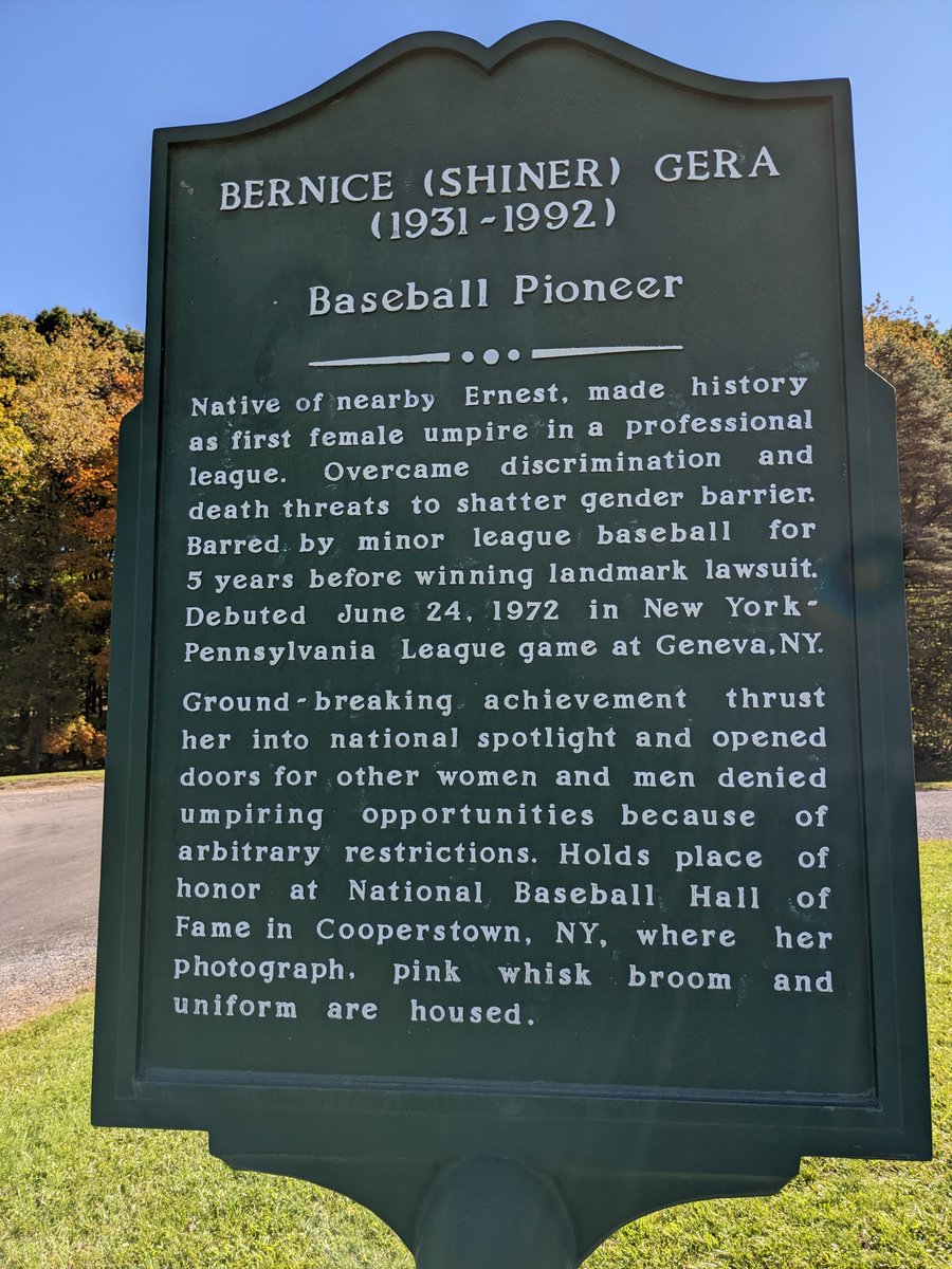 WBaseballTrail's tweet photo. This year marks the 50th anniversary of Bernice Gera's landmark lawsuit to umpire professional baseball. You can find this marker on the Women's Baseball Heritage Trail in Blue Spruce Park near her hometown of Ernest, PA. #Leaguetober Day 15-Suit #UmpiresRule https://t.co/vSVryFlaPj
