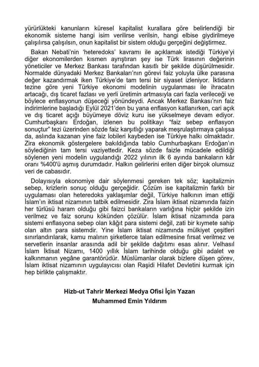 Haber-Yorum #Türkiye Ekonomisini #Heterodoks Yaklaşımlar Değil, #İslamİktisatNizamı Kurtarır! #NureddinNebati #Nebati #Ekonomi #EkonomikDönüşüm #kapitalist #Erdoğan #Hilafet #HizbutTahrir Merkezi Medya Ofisi İçin Yazan Muhammed Emin Yıldırım hizb-uttahrir.info/tr/index.php/h…