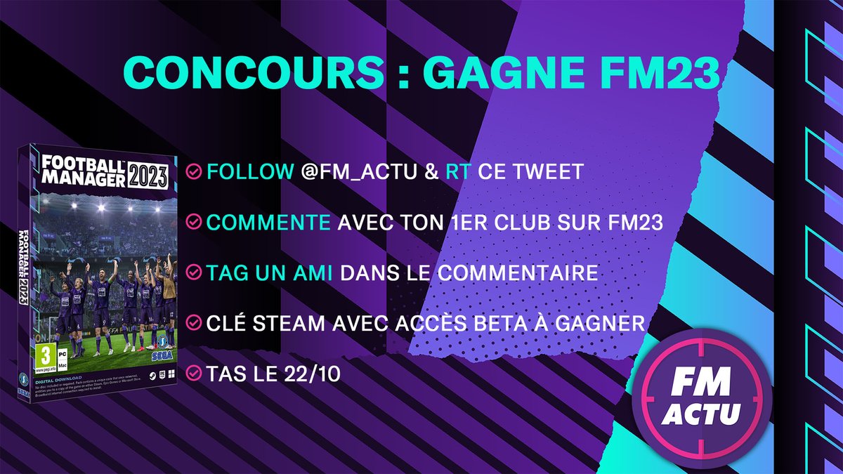 FM_Actu's tweet photo. 🎁#Concours #Giveaway #FM23

Tente de gagner Football Manager 2023 :

✅Follow @FM_Actu et 🔃RT ce tweet
📝Commente avec ton 1er club dans FM23 et 🫂 Tag un ami

🍀A gagner : Clé Steam (accès Beta) Football Manager 2023
🎲TAS le 22/10

📥 https://t.co/6lLBKWVX3U (-25% + FMACTU) https://t.co/OrxcJeyIsx
