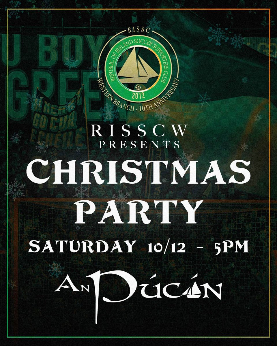 RISSCW's tweet photo. 𝐒𝐚𝐯𝐞 𝐭𝐡𝐞 𝐝𝐚𝐭𝐞! 🎅

Our Christmas Party will be held in An Pucan on Saturday 10th December from 5pm. 

Looking forward to seeing as many members on the night. 🇮🇪🇮🇪 https://t.co/M2flOcwpIQ