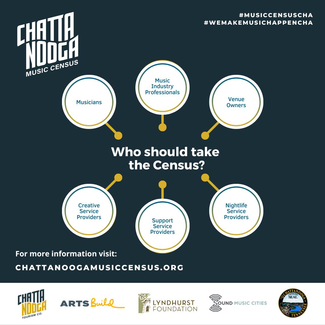 Who should take the Census? All members of the local music community including local musicians, venue owners, music nonprofits, nightlife service providers, creative service providers, music educators, and beyond!

Visit: chattanoogamusiccensus.org

 #WeMakeMusicHappenCha