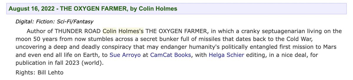 I’ve been sitting on this news for a while as we pulled together #DFWCon2022 - but I’m excited to tell the bird app that <a href="/CamCatBooks/">CamCat Books</a>  will be releasing my sci-fi thriller The Oxygen Farmer next year.