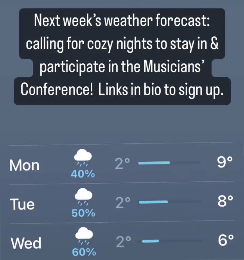 Next week’s weather forecast is calling for cozy nights to stay in &amp; participate in the Musicians’ Conference! 😊Some #HamOntMusic venues like @CasbahHamilton may be streaming at their spaces if you want an in-person &amp; virtual experience. Details &amp; signup bit.ly/3rECETM