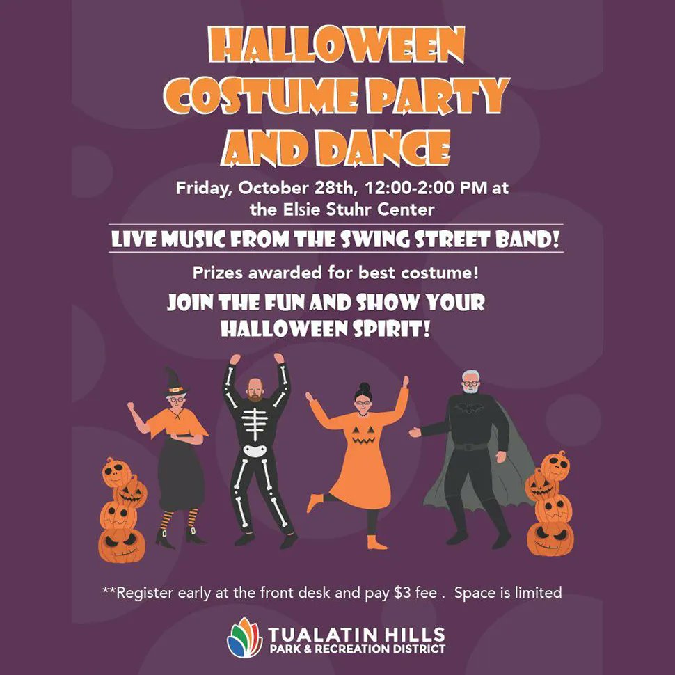 Join the fun and show your Halloween spirit with us at the Elsie Stuhr Center. Prizes awarded for the best costume. Live music from The Swing Street Band. This event is for those age 55 and over. Register early and pay the $3 fee at the front desk. buff.ly/2OdGLow