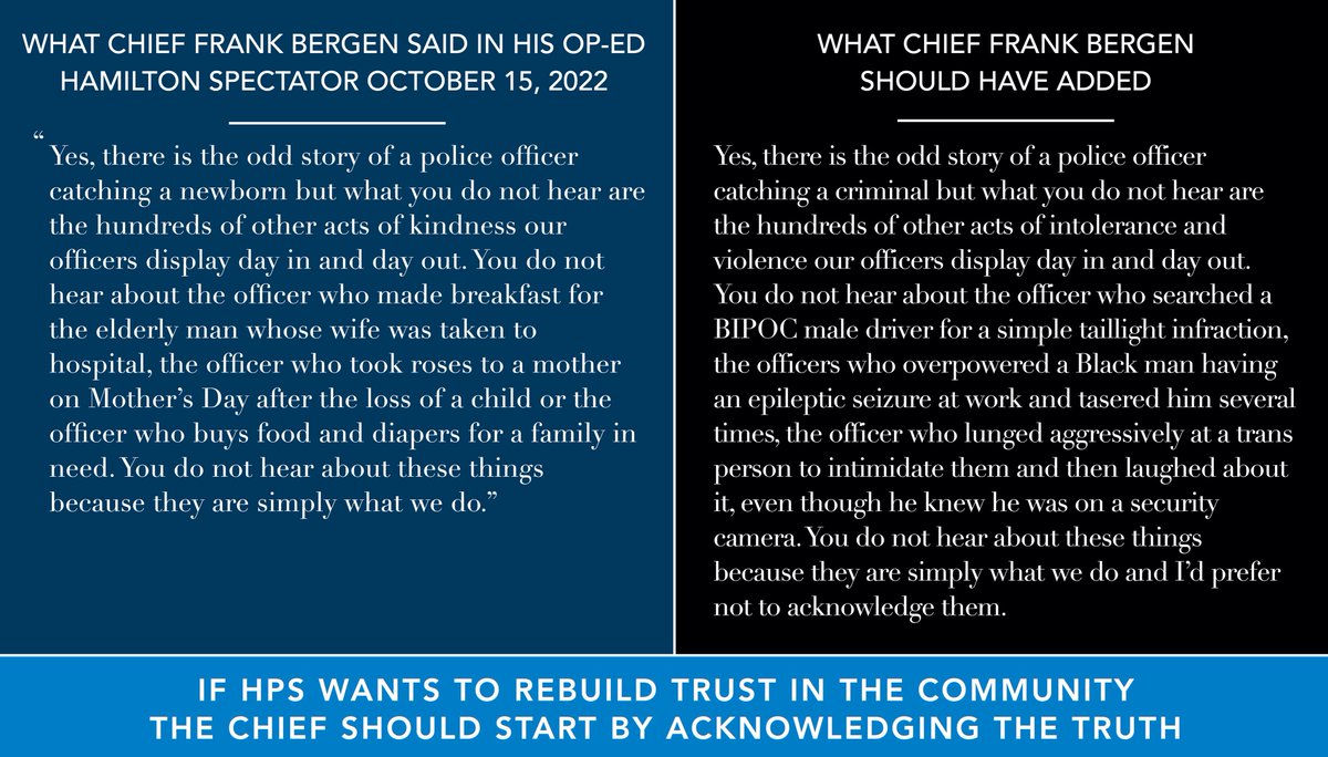 gcrawfordHamOnt's tweet photo. I'll give @HamiltonPolice Chief Frank Bergen his stories about officer tenderness, roses and food, but only if he at least tries to strike a realistic balance when he writes op-eds in @TheSpec Police brutality exists in Hamilton. It's systemic. #BlueWash https://t.co/BQzZnffJVE