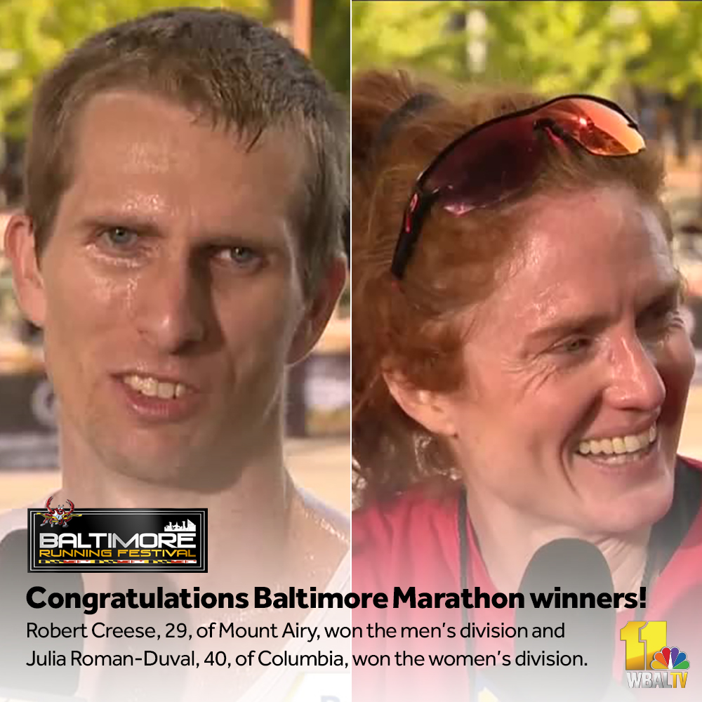 wbaltv11's tweet photo. Mount Airy's Robert Creese and Columbia's Julia Roman-Duval are your 2022 Baltimore Marathon winners! 🏆 WATCH: https://t.co/PSLMJVP9dQ @baltrunfest #baltrunfest #baltimore #marathon https://t.co/Cyz3UXIJwo