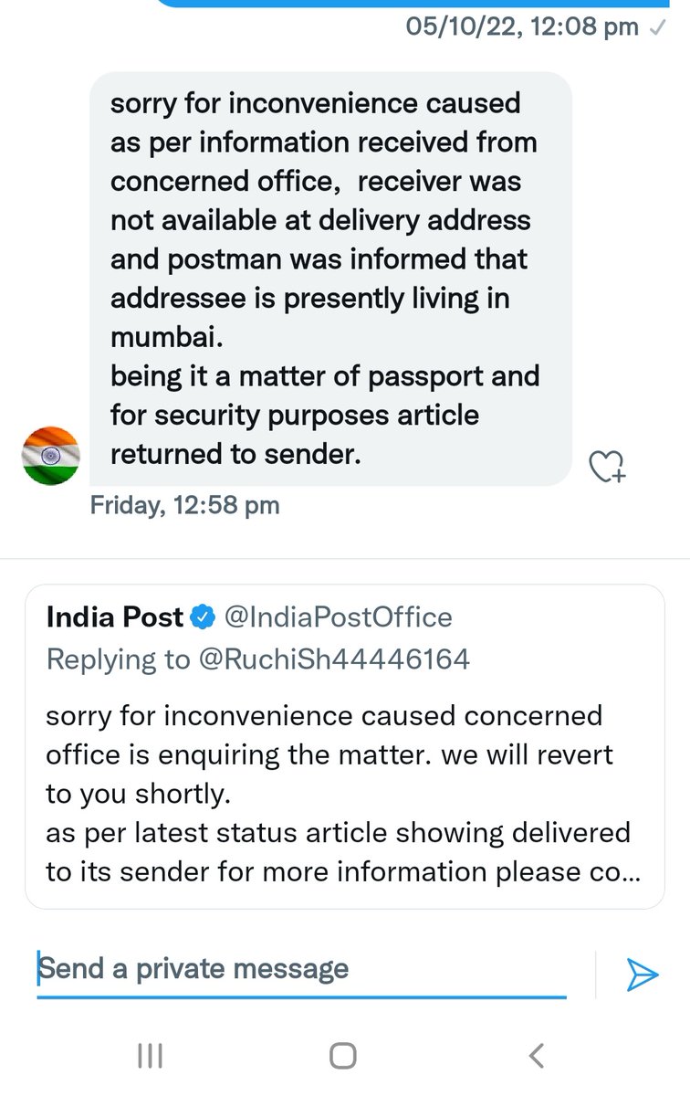 RuchiSh44446164's tweet photo. @IndiaPostOffice 
@passportsevamea 
@CPVIndia 
@PMOIndia 
I am advocate and often go out of town. I often visit mumbai as my husband is posted there. Police verification is positive then Who authorised you to decide my residential status? Why not contacted or waited to reattempt? https://t.co/dd8dybIRUJ
