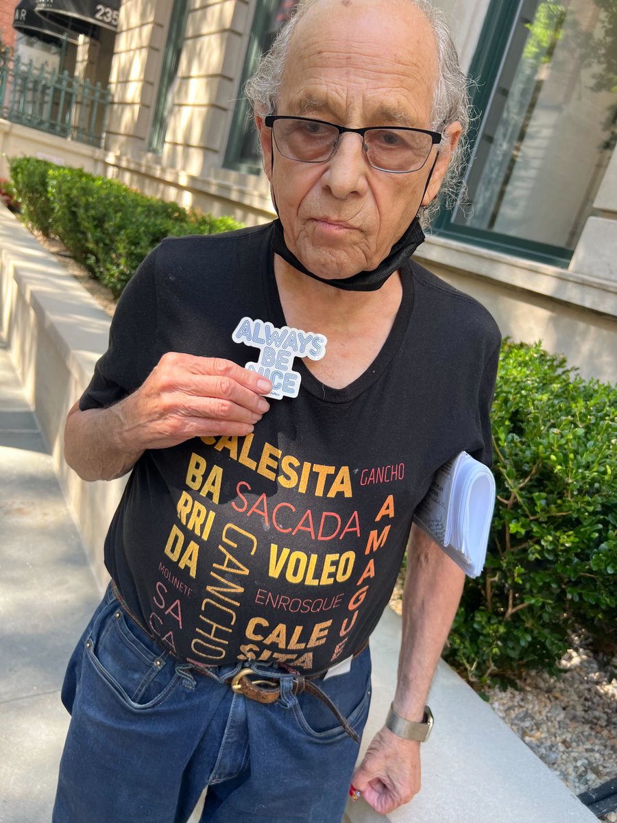 alwaysbeniceco's tweet photo. 📌Upper West Side, NYC
“Abe randomly gave me a Jolly Rancher, so I gave him a sticker. He kissed my hand when we properly introduced ourselves! He’s writing a memoir, had the stack in his hands, & had me read the preface.” - Anonymous Submission
#AlwaysBeNice #NYC #HumansOfNY https://t.co/yjBGOYyi6q