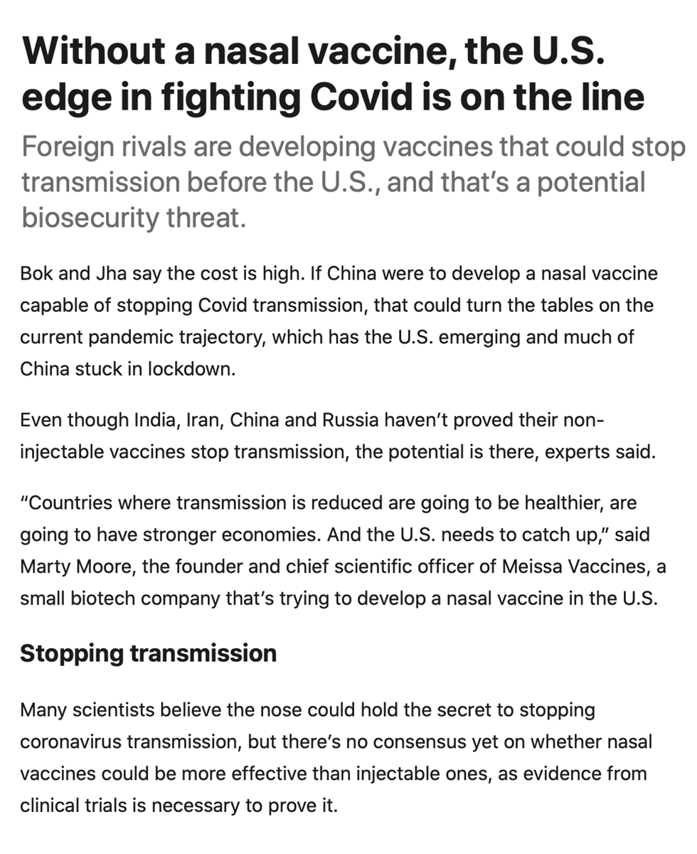 "There are now 95 nasal vaccines under development around the world.... 6 have reached the final Phase 3 in clinical trials." None of those late trials are in the US. India and China already have approved nasal/inhaled vaccines
politico.com/news/2022/10/1… <a href="/carmenpaun/">Carmen Paun</a> <a href="/adamcancryn/">Adam Cancryn</a>