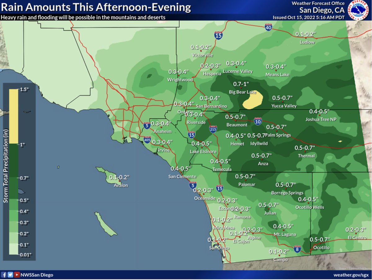 eyesonsdskies's tweet photo. Here's the weather service's latest rainfall projections for today. The forecasters have a flash flood watch out for the the mountains and desert. Thunderstorms are expected to develop this afternoon and tonight. #sandiegoweather #CAwx #thuder https://t.co/D3DP1taSQH