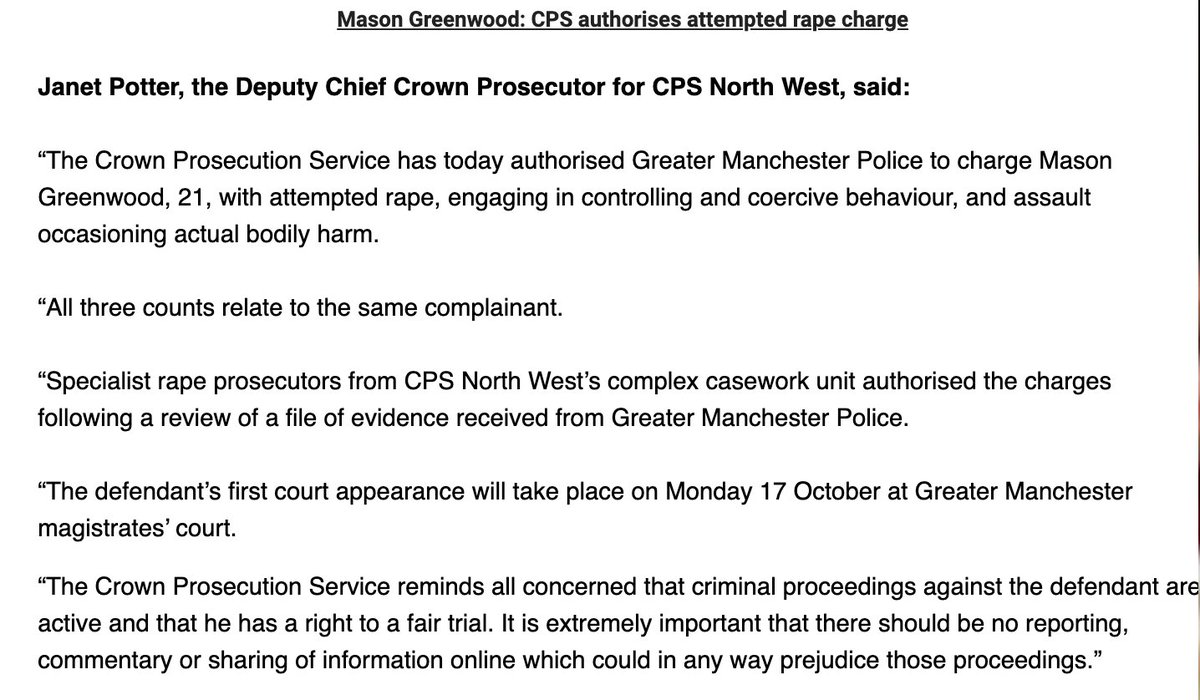 BREAKING | Man Utd footballer Mason Greenwood has been charged with attempted rape, engaging in controlling and coercive behaviour, and assault occasioning actual bodily harm, the Crown Prosecution Service said.

Statement below: