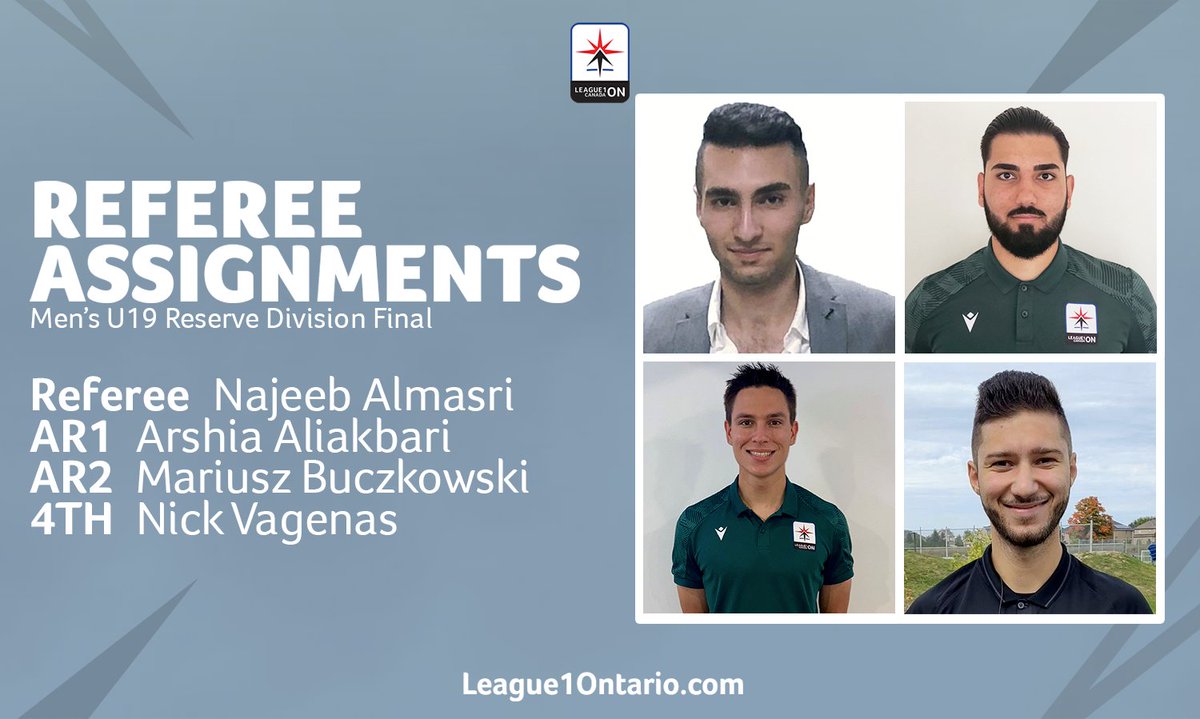 OntarioPLSoccer's tweet photo. 🔢 The crew for this afternoon's Men's U19 Reserve Division Final.

#L1O https://t.co/fNDjI1IzK0