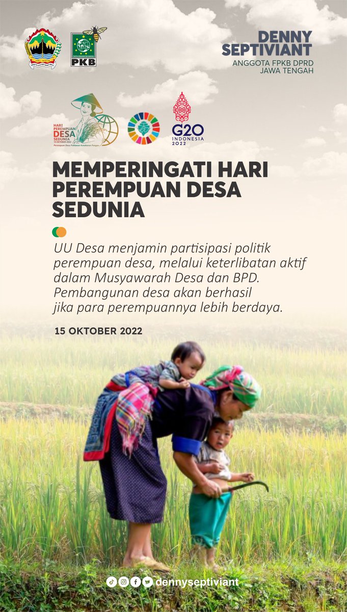 dennyseptiviant's tweet photo. Hari ini, tgl 15 Oktober adalah Peringatan Hari Perempuan  Pedesaan Sedunia #internationalruralwomensday
Seperti apa kisahnya,yuk ikutin thread ini @gerbangdesaID
@APMDN_JATENG
Ajak temen2mu Pendamping desa simak thread ini ya 
@halimiskandarnu @azzameldzikrie @kemendespdtt https://t.co/u4NxQBUlMp