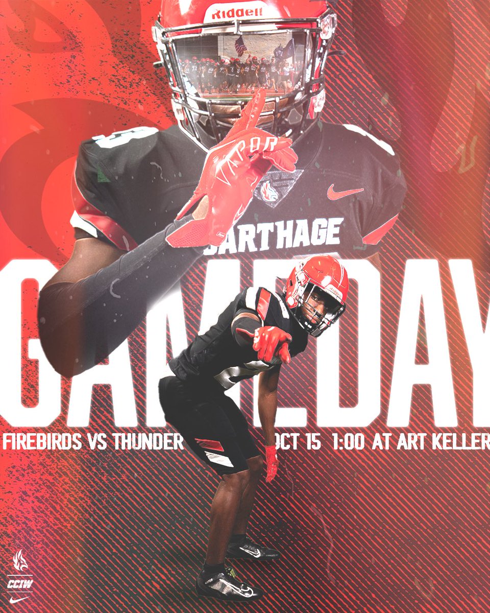 🔥 GAMEDAY 🔥 @Carthage_FB Firebirds face off with the Thunder on home turf 🗓 Oct 15 ⏰ 1 pm 📍 Art Keller Field 🎥 shorturl.at/lqASZ 📈 shorturl.at/KLQZ3 🎙 shorturl.at/kyzGJ #FuelTheFlame | #ProtectTheNest