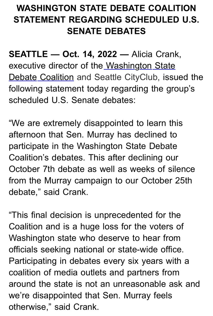 BrandiKruse's tweet photo. “This final decision is unprecedented for the Coalition and is a huge loss for the voters of Washington state”: @MurrayCampaign officially refuses to participate it Coalition debates against @SmileyForWA. Leave an empty podium. Air the debates anyway. https://t.co/qkbeS7k6Nh