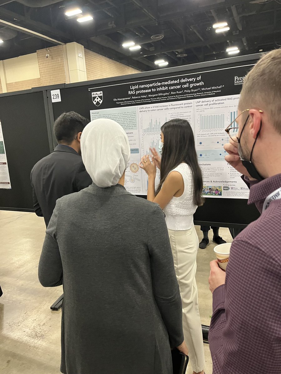 MJMitchell_Lab's tweet photo. Closing out #BMES2022 strong with @MJMitchell_Lab @pennbioeng undergrad Ella Atsavapranee presenting her latest on new LNP tech for encapsulating and delivering RAS proteases to inhibit tumor growth at poster 239! Ella is also applying to grad school and is rockstar candidate! https://t.co/XomOHOD0I8