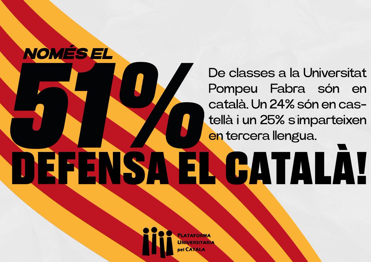🟡 Avui denunciem que només el 51% de les classes a la UPF són en llengua catalana!
⚠️ El retrocés del català a les aules és una realitat innegable, per això, instem a l'alumnat a mantenir el seu ús, perquè defensar la llengua és estimar el país!
#CatalàALesAules #mantincelcatalà