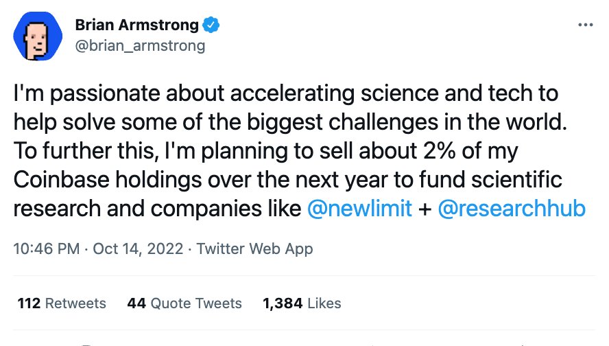 Blockworks's tweet photo. Coinbase CEO plans to sell 2% of his stake over the next year to fund scientific research https://t.co/AtFAjOk7U6