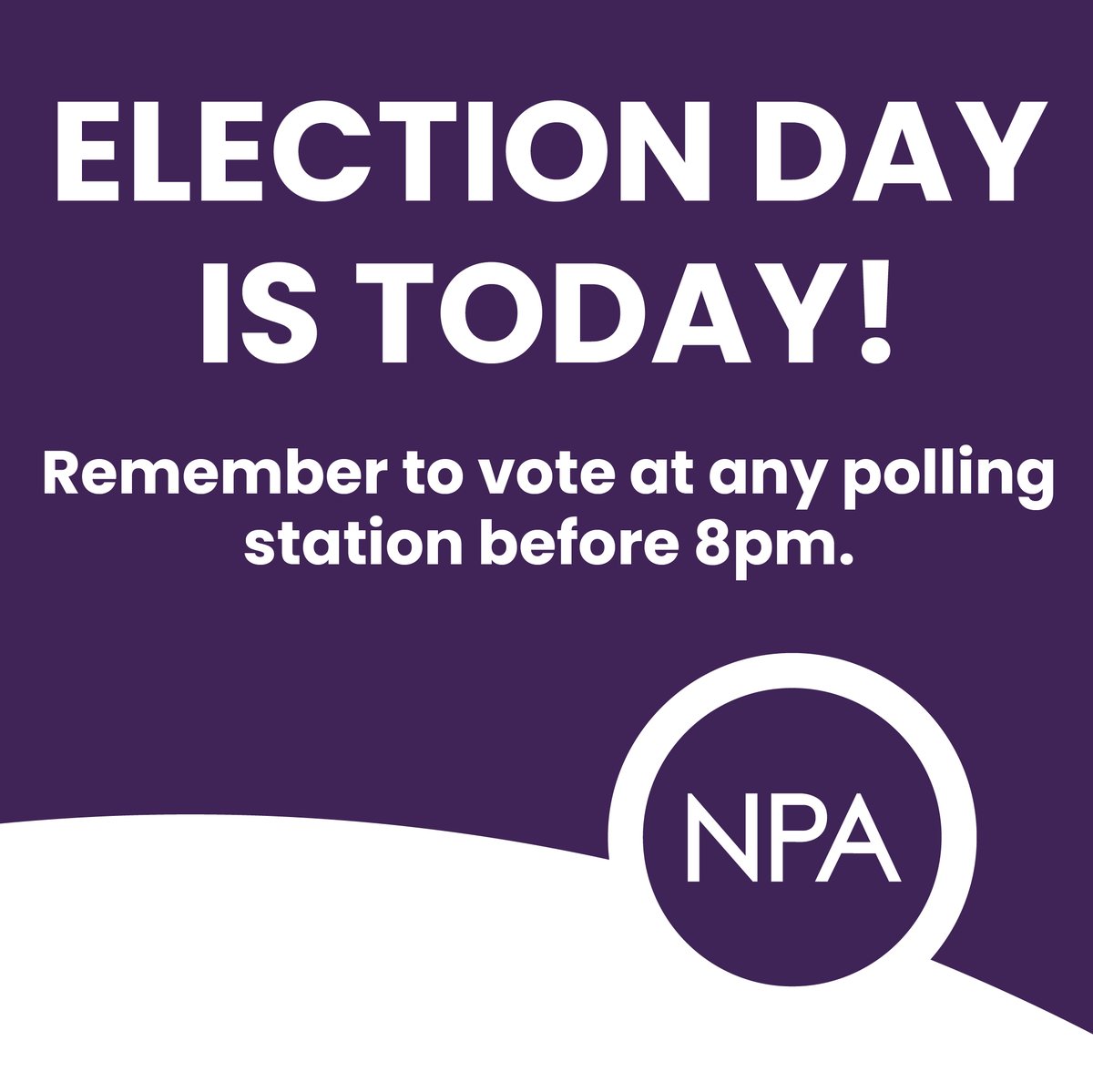 Today is Election day. Remember to vote when you can!

The polls are open from 8 AM to 8 PM and you can vote at whichever polling location is most convenient for you.

For more information on voting, check out our plan your vote page here:
npavancouver.ca/plan-your-vote/