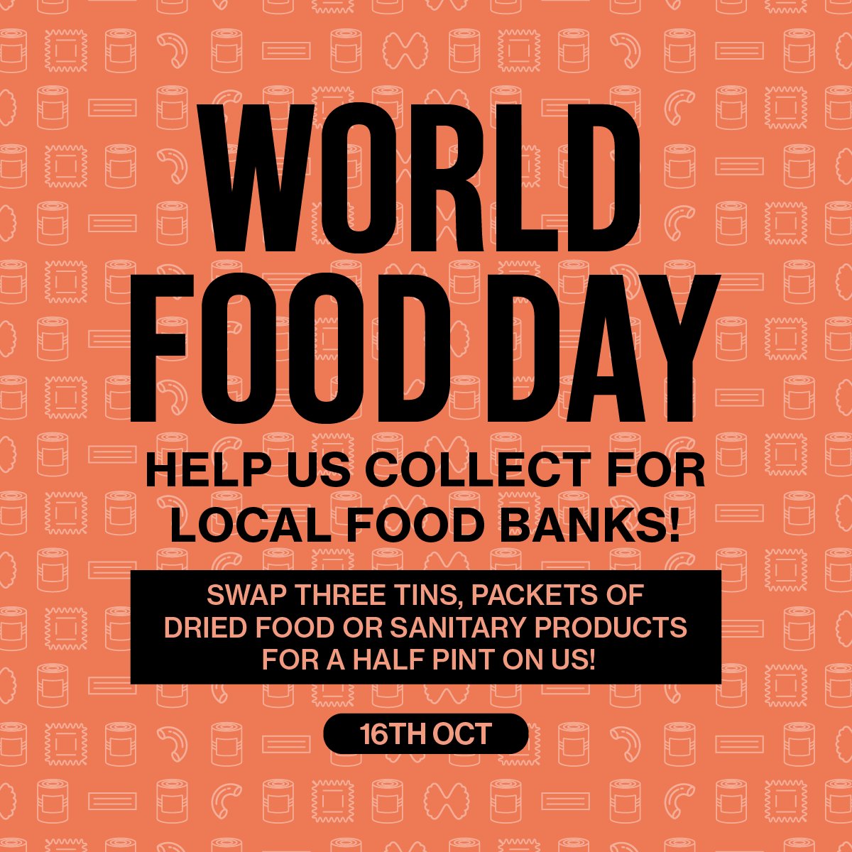 Tomorrow is World Food Day! 🌍🍔🥗

Support your local food banks by bringing by 3 cans, packets of dried food, or sanitary products, and we’ll exchange it for a 1/2 pint of headliner! 🥫➡️🍺

See you tomorrow! 🍻