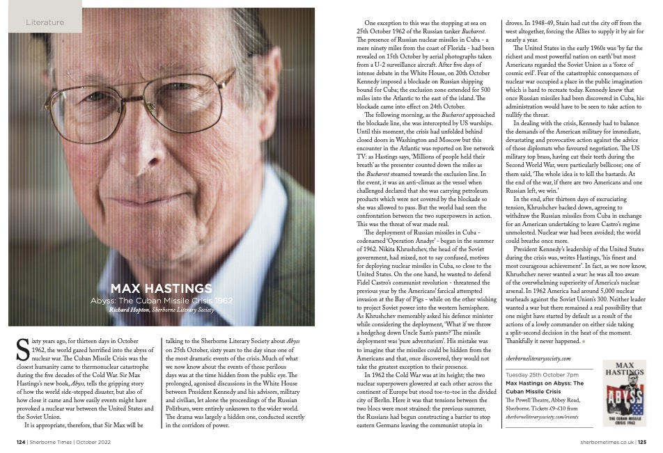 Am looking forward to the talk. As a warm-up for the evening (or not, as the case may be) see my article about ‘Abyss’ and the Cuban Missile Crisis in October's @sherbornetimes It’s a tale which has suddenly become urgently relevant to us, right now. @WmCollinsBooks